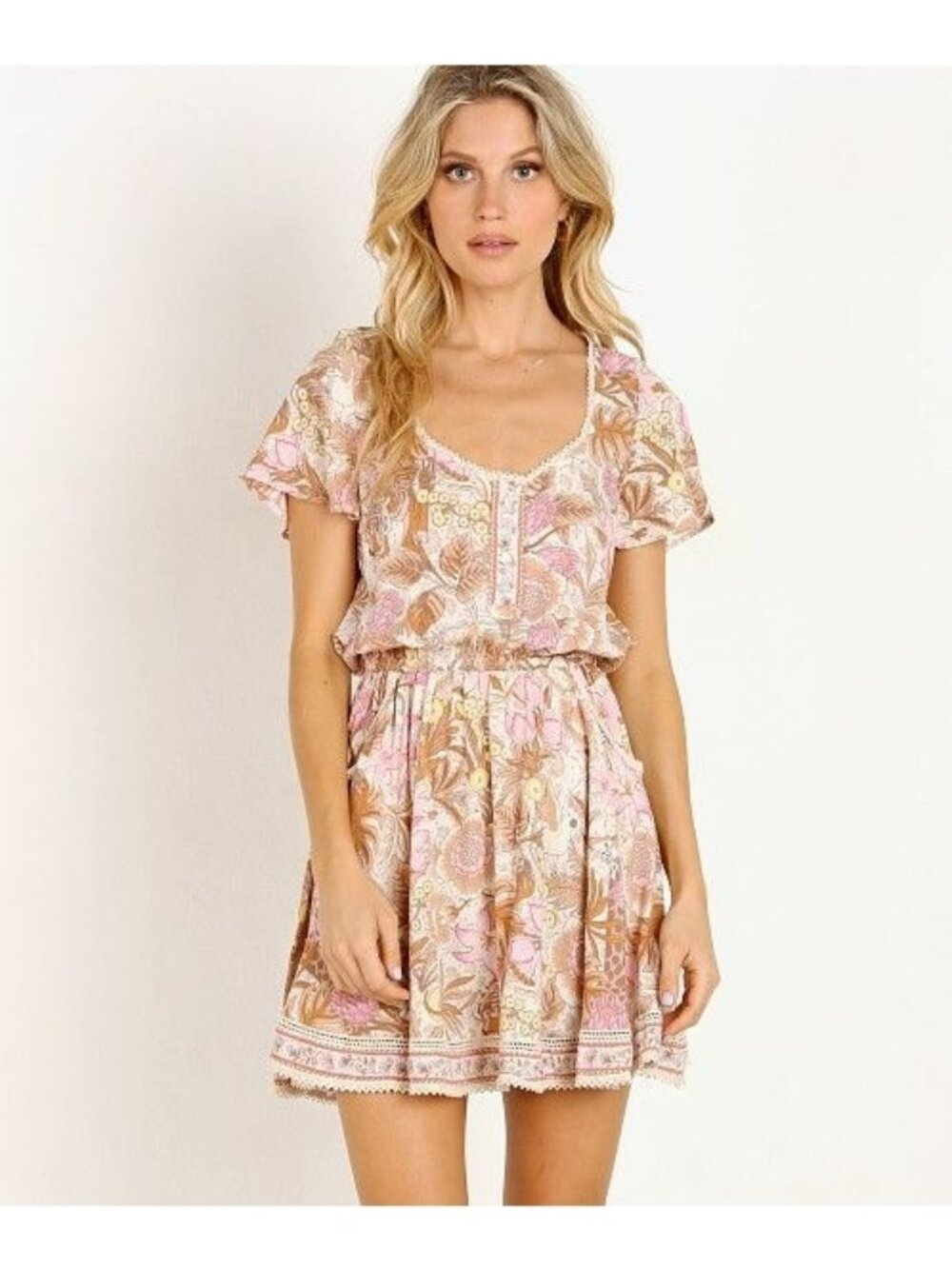 Spell & The Gypsy Jungle Mini Dress Cream Botanical Floral Boho Size Small S